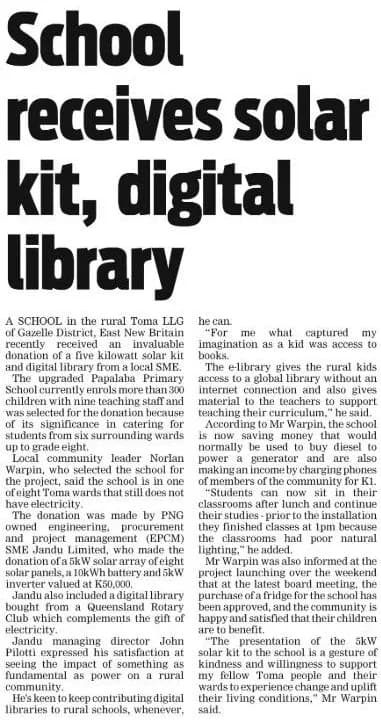 National newspaper article: “School receives solar kit, digital library” — covering JANDU's donation to Papalaba Primary School