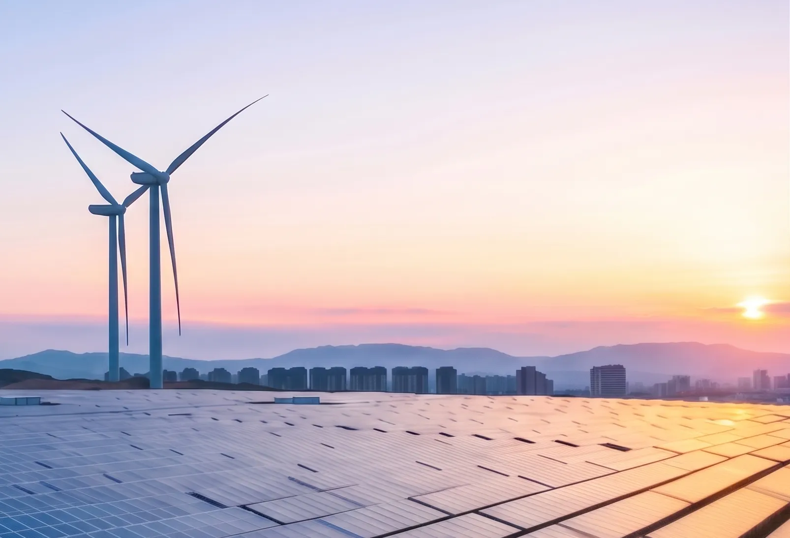 Wind turbines and a large-scale solar array at sunset